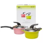 2 ceramic coated pots, Ceramic Cooking Pot - Pink / Green
