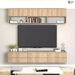 ชั้นวางทีวี รุ่น Bella ตู้วางทีวี ชั้นวางทีวีติดผนัง ชั้นวางทีวีเสมือนบิ้วอิน ขนาด 2.4 เมตร มีให้เลือก 3 สี ขาว ลายไม้ เทาลายผ้า