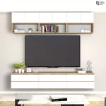 ชั้นวางทีวี รุ่น Bella ตู้วางทีวี ชั้นวางทีวีติดผนัง ชั้นวางทีวีเสมือนบิ้วอิน ขนาด 2.4 เมตร มีให้เลือก 3 สี ขาว ลายไม้ เทาลายผ้า