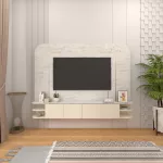 ชั้นวางทีวีแบบแขวนลอย รุ่น JULIE ดีไซน์รูปทรงโค้งมน สวยสะดุดตา ดูเรียบหรู ตกแต่งด้วยโทนสีครีมอ่อน Oatmilk ผนังลายหินอ่อนสีขาว Carrara Marble เพิ่มความหรูหราด้วยคิ้วสแตนเลสสี Rose Gold เคลือบเมลามีนทึ้งชุด