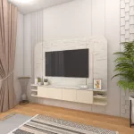 ชั้นวางทีวีแบบแขวนลอย รุ่น JULIE ดีไซน์รูปทรงโค้งมน สวยสะดุดตา ดูเรียบหรู ตกแต่งด้วยโทนสีครีมอ่อน Oatmilk ผนังลายหินอ่อนสีขาว Carrara Marble เพิ่มความหรูหราด้วยคิ้วสแตนเลสสี Rose Gold เคลือบเมลามีนทึ้งชุด