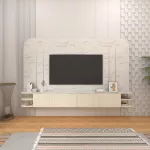 ชั้นวางทีวีแบบแขวนลอย รุ่น JULIE ดีไซน์รูปทรงโค้งมน สวยสะดุดตา ดูเรียบหรู ตกแต่งด้วยโทนสีครีมอ่อน Oatmilk ผนังลายหินอ่อนสีขาว Carrara Marble เพิ่มความหรูหราด้วยคิ้วสแตนเลสสี Rose Gold เคลือบเมลามีนทึ้งชุด