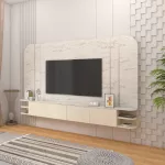 ชั้นวางทีวีแบบแขวนลอย รุ่น JULIE ดีไซน์รูปทรงโค้งมน สวยสะดุดตา ดูเรียบหรู ตกแต่งด้วยโทนสีครีมอ่อน Oatmilk ผนังลายหินอ่อนสีขาว Carrara Marble เพิ่มความหรูหราด้วยคิ้วสแตนเลสสี Rose Gold เคลือบเมลามีนทึ้งชุด