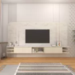 ชั้นวางทีวีแบบแขวนลอย รุ่น JULIE ดีไซน์รูปทรงโค้งมน สวยสะดุดตา ดูเรียบหรู ตกแต่งด้วยโทนสีครีมอ่อน Oatmilk ผนังลายหินอ่อนสีขาว Carrara Marble เพิ่มความหรูหราด้วยคิ้วสแตนเลสสี Rose Gold เคลือบเมลามีนทึ้งชุด