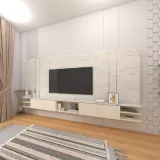 ชั้นวางทีวีแบบแขวนลอย รุ่น JULIE ดีไซน์รูปทรงโค้งมน สวยสะดุดตา ดูเรียบหรู ตกแต่งด้วยโทนสีครีมอ่อน Oatmilk ผนังลายหินอ่อนสีขาว Carrara Marble เพิ่มความหรูหราด้วยคิ้วสแตนเลสสี Rose Gold เคลือบเมลามีนทึ้งชุด