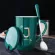 380ml Ceramic Mugs Creative Letter Mugs with Spoon Lid Green Gold Milk Coffee Cup Mark Drinkware Novelty s