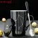 12 Consteds Creative Mugs with Spoon Lid Black and Gold Porcelain Zodiac Milk Coffee Cup 420ml Water Drinkware