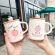 Cute Peach Water Cup Mug with Spoon Ceramic Cup with Lid Coffee Juice Milk Office Tea Cup