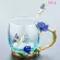 Enamel Transparent Glass Coffee Tea Mug Blue Roses Heat-Resistant Cup Set Stainless Steel Spoon and Wipe Cloth