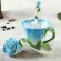 Best 3D Rose Shape Flower Enameic Coffee Tea Cup and Saucer Spoon High-Grade Porcelain Cup Creative Valentine Design